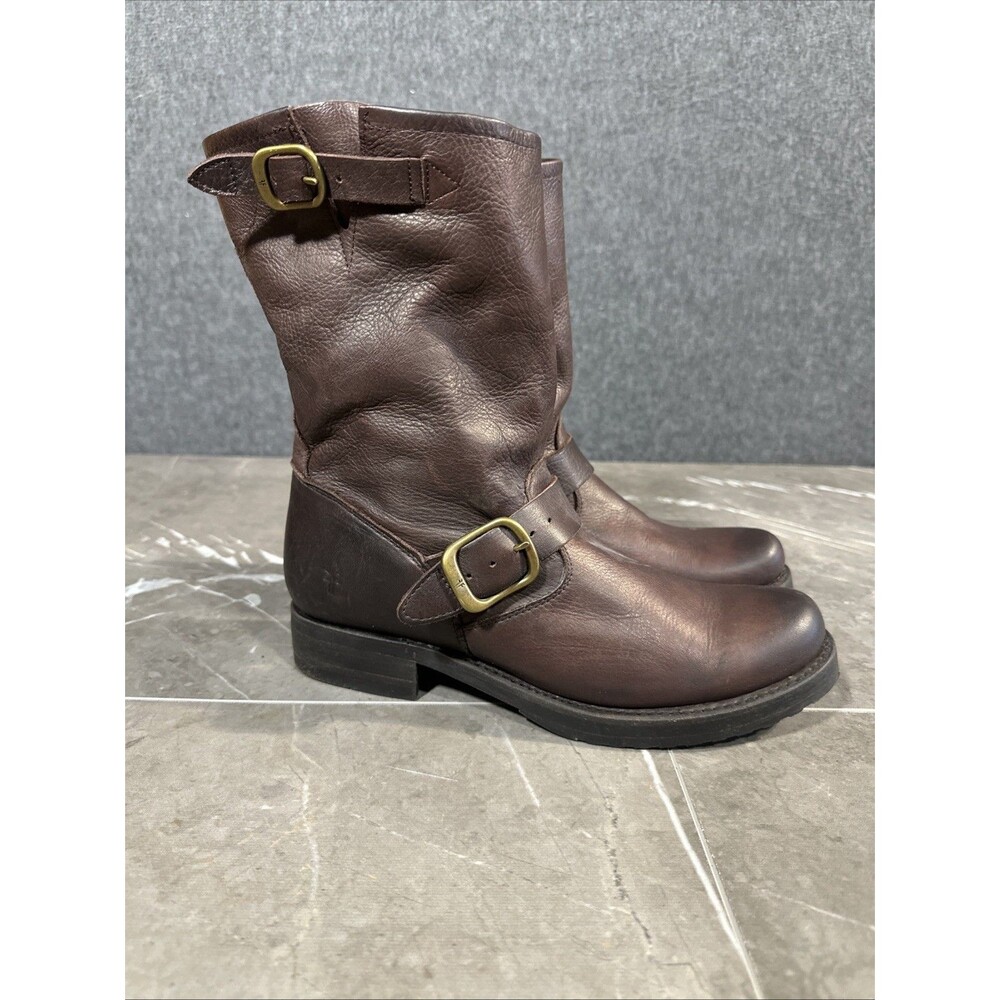 Frye Veronica Flex Short Moto Boots Brown Leather Buckled Women’s Size 8 B40